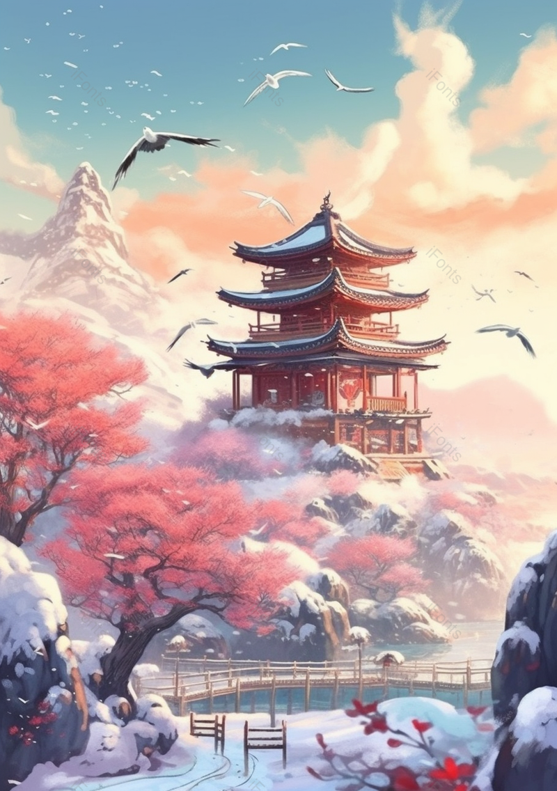 梦幻唯美雪地房屋插画背景,插画/手绘图,插画/手绘图库,插画/手绘图下载,插画/手绘